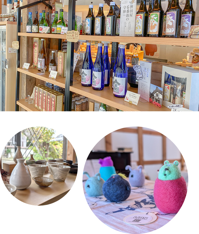 写真:商品棚(左)、陶器(中央)、ハンドメイド作品(右)